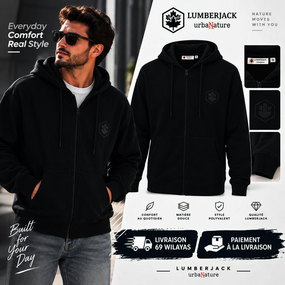LUMBERJACK Zip Hoodie — Noir