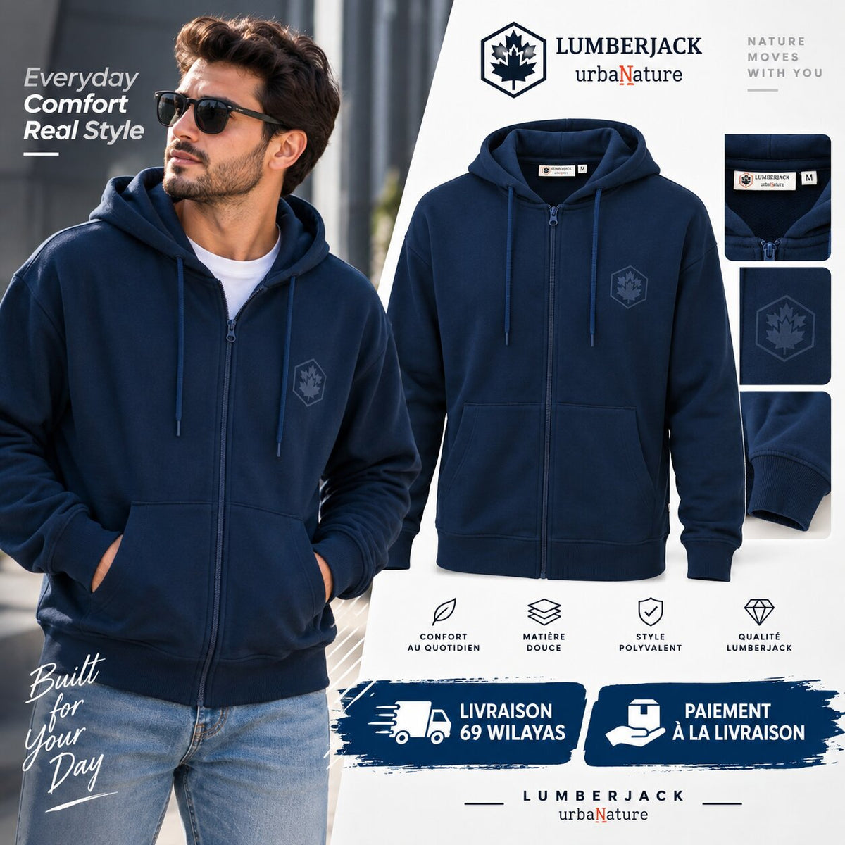 LUMBERJACK Zip Hoodie — Bleu
