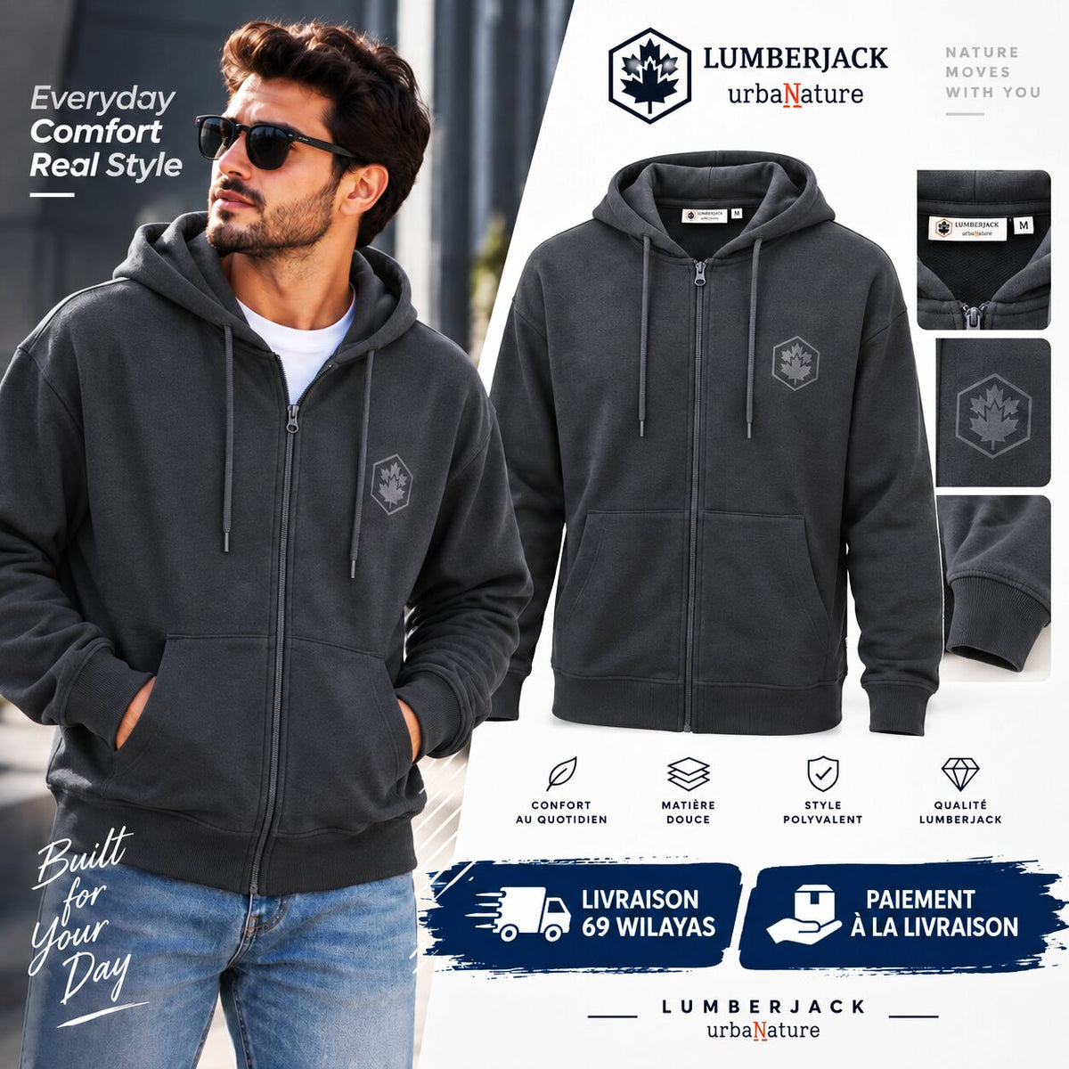 LUMBERJACK Zip Hoodie — Gris